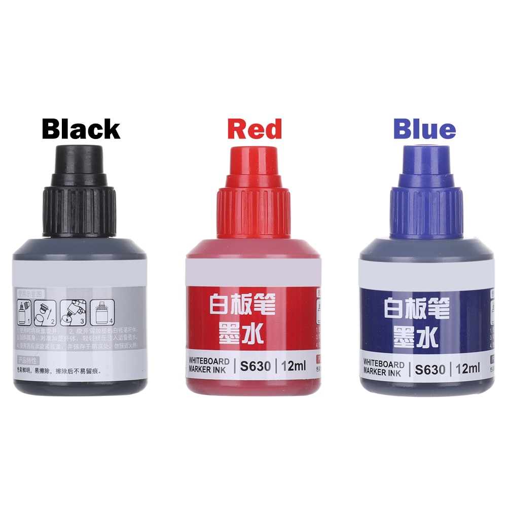 1Pc 12Ml Whiteboard Marker Pen Refill Inkt Zwart Rood Blauw 3 Kleuren Direct Droog Uitwisbare Inkt Vullingen Tool school Kantoorbenodigdheden