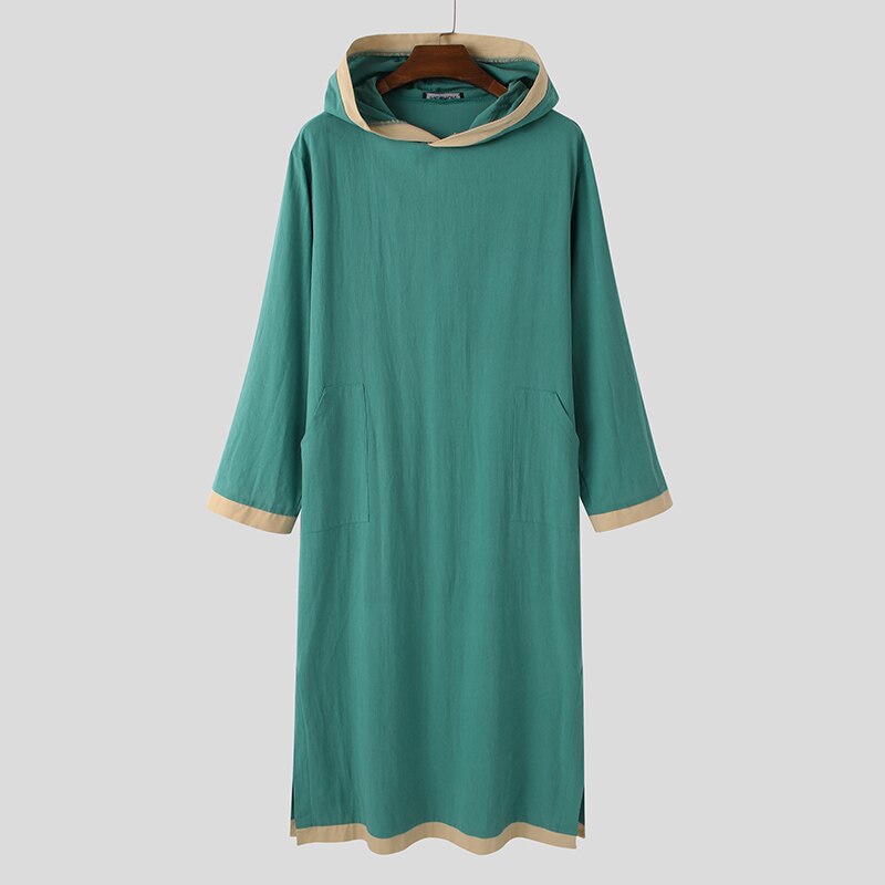 Incerun muçulmano kaftan homem islâmico árabe jubba thobe com capuz retalhos lazer manga longa roupões dubai abaya roupas masculinas plus size: S