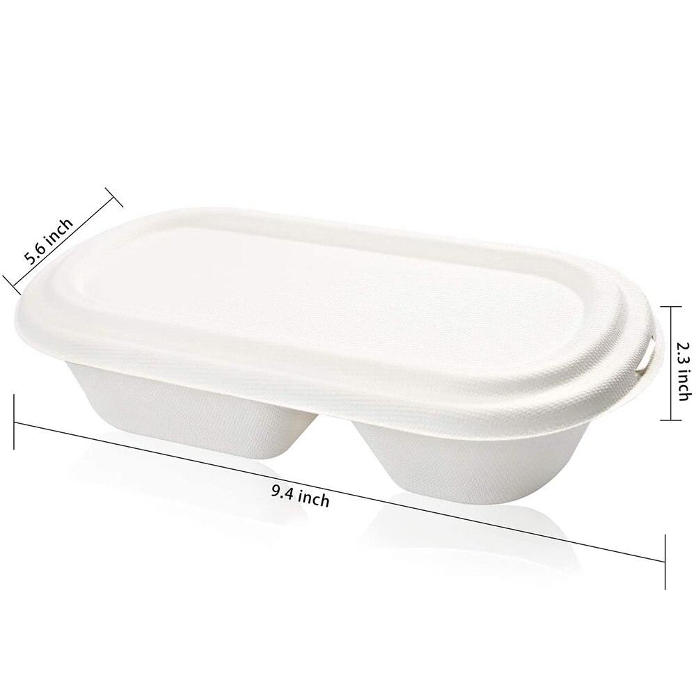 50Pcs Disposable Bento Boxes Sugar Cane Fiber Compostable 2 Compartments Microwave Lunch Boxes Portable Food Storage Containers