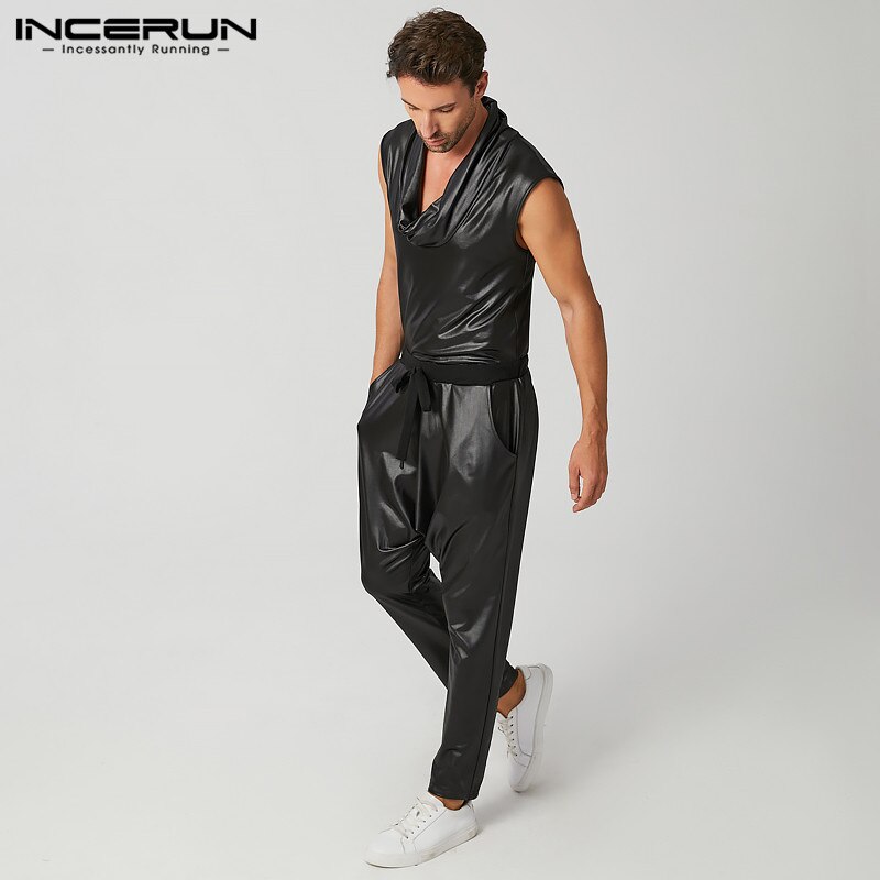 hommes combinaisons Streetwear sans manches col roulé faux cuir salopette pantalon à lacets solide décontracté hommes barboteuses INCERUN