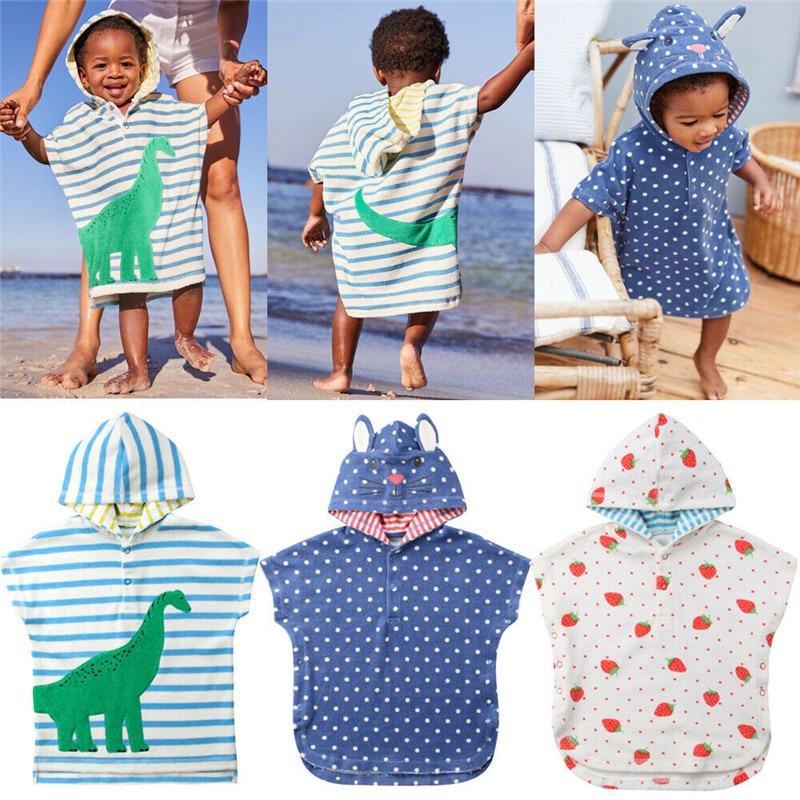 Zomer Kids Baby Meisje Jongen Hooded Gewaden Unisex Kind Losse Korte Mouw Poncho Zwemmen Strand Badjas Dier Gedrukte Robe 1-6Y