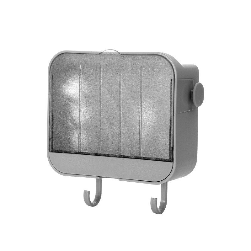 1PC Vertical Soap Box With Dust Cover Bathroom Nail Free Wall Mounted Soap Storage Rack With Hooks Plastic Soap Holder: A-Gray