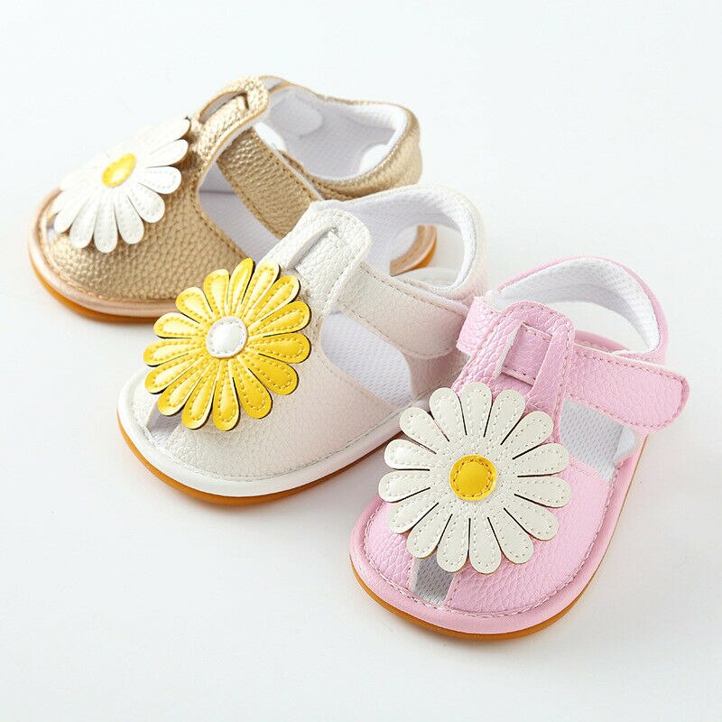 Zapatos de princesa para bebés y niñas, sandalias de verano con suela suave de flores para niño de cuna, Botines de cuero PU con girasol
