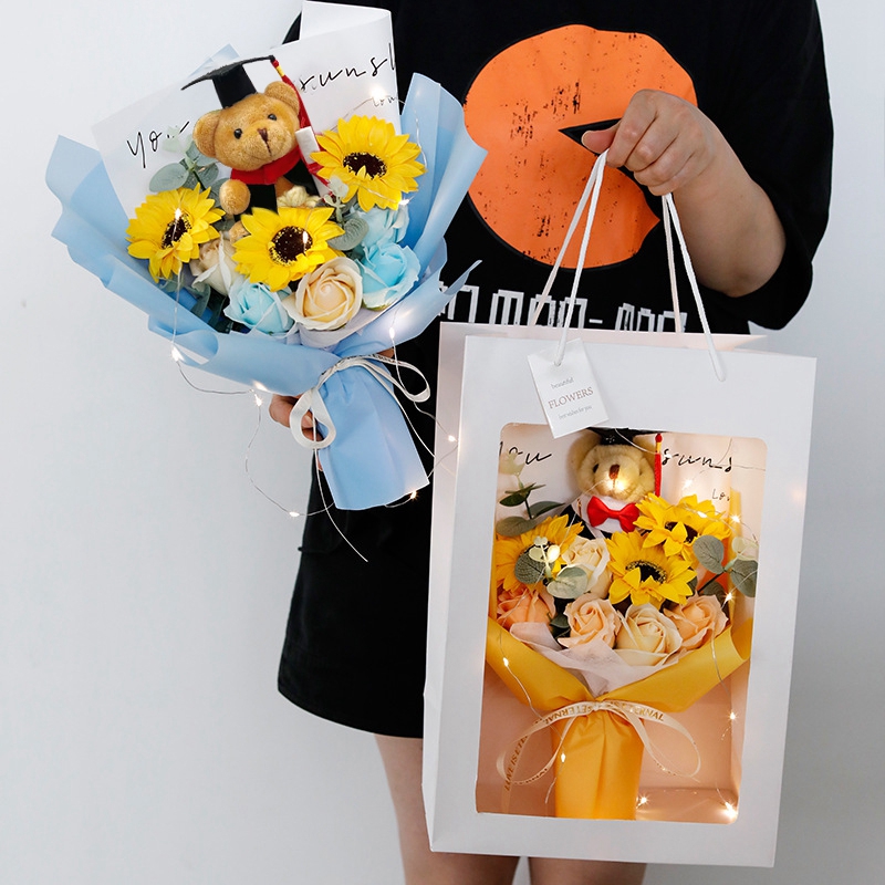 Ramo de ganchillo, ramo de flores para graduación, flor Artificial tejida, de boda, girasol acabado, graduación, de regreso a la escuela