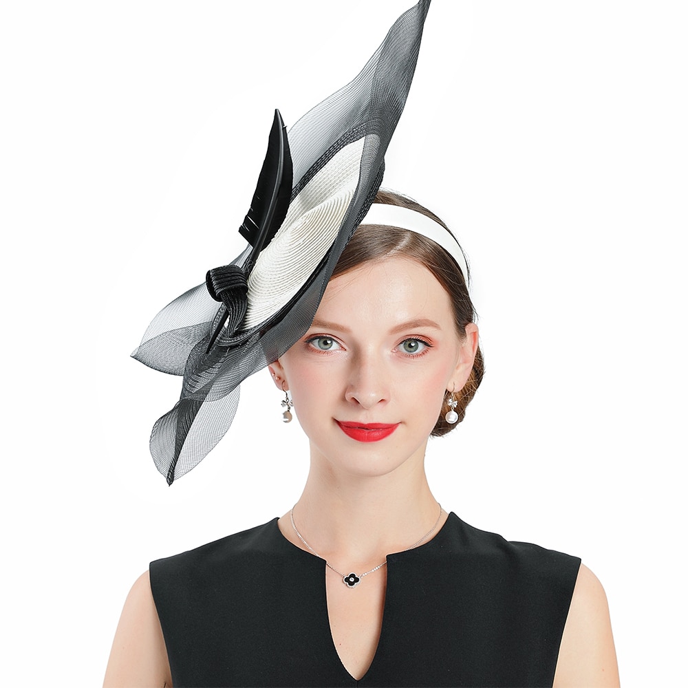 British Royal Wedding Hats Fascinators For Women Fedoras Hat White Straw Feather Bow With Veil Prom Church Cap Party Hat
