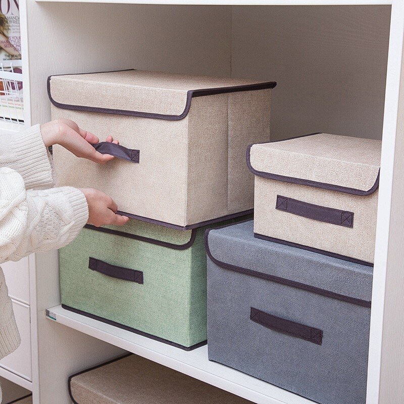 Caja de almacenamiento de lino de algodón con tapa, caja de almacenamiento de ropa plegable, organizador de artículos diversos de juguetes y aperitivos, caja de ropa interior de tela para el hogar S/L