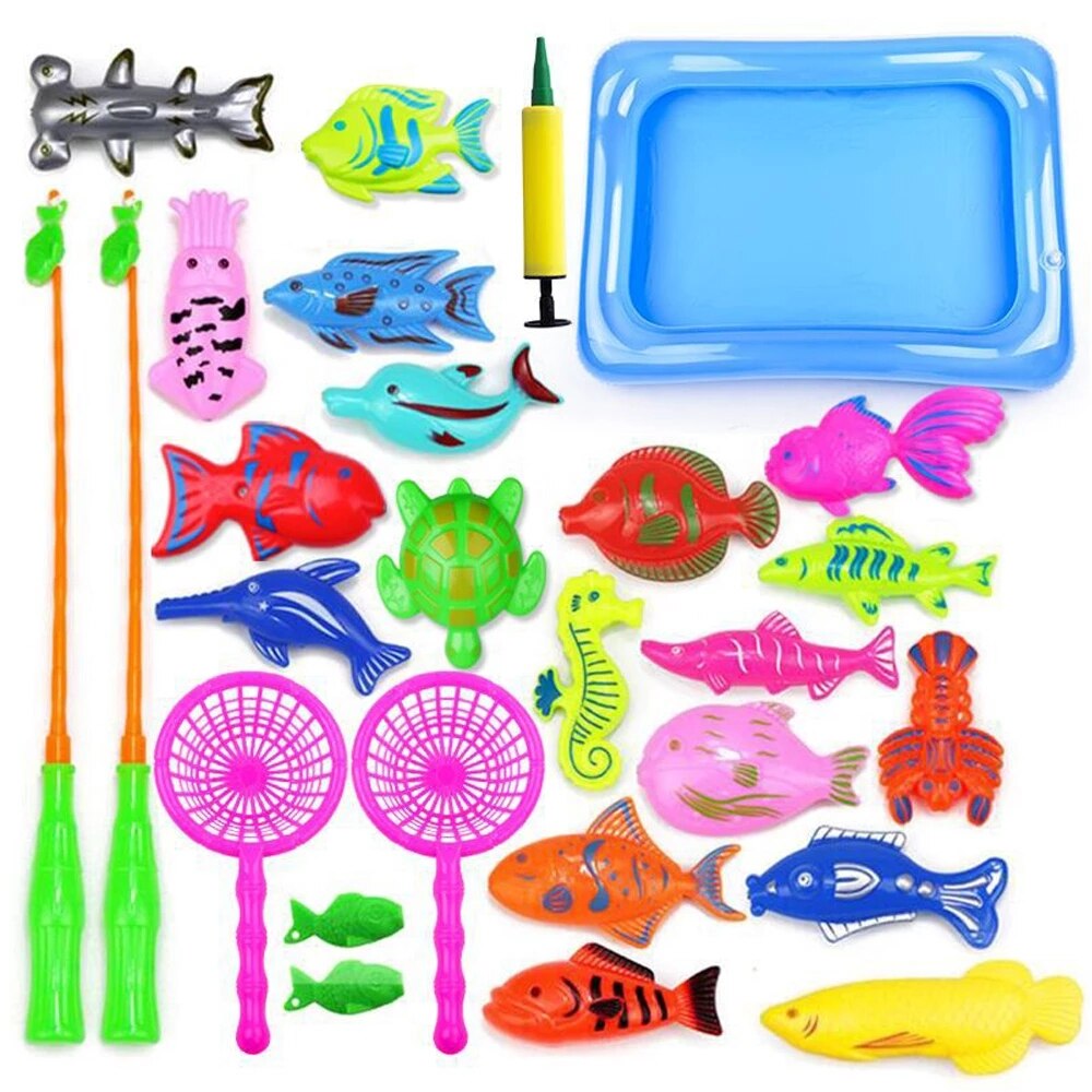 Juego de pesca con imanes para niños, juguetes de agua con imán de piscina inflable, caña de pescar, 15-68 piezas