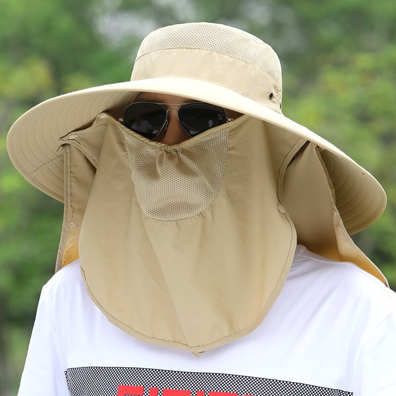 14CM Big Brim Hat Men and Women Removable Mask Fisherman Hats Sun Hat Bucket Hat Visors Sunscreen Fishing Cap Mountaineering Hat: Khaki