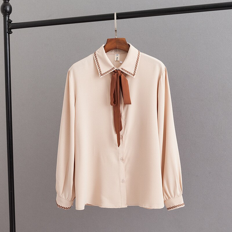 Dames Lente Herfst Plus Size Tops Voor Vrouwen Blouse Grote Casual Lange Mouw Boog Losse Roze Geel Shirt 4XL 5XL 6XL: Beige / 6XL