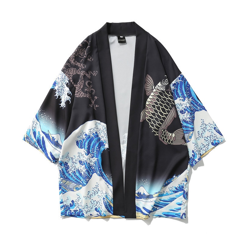 Japanese Style Carp Printing Kimono Haori Traditional Men Women Three Quarter Cardigan Shirt Thin Section Asian Clothes