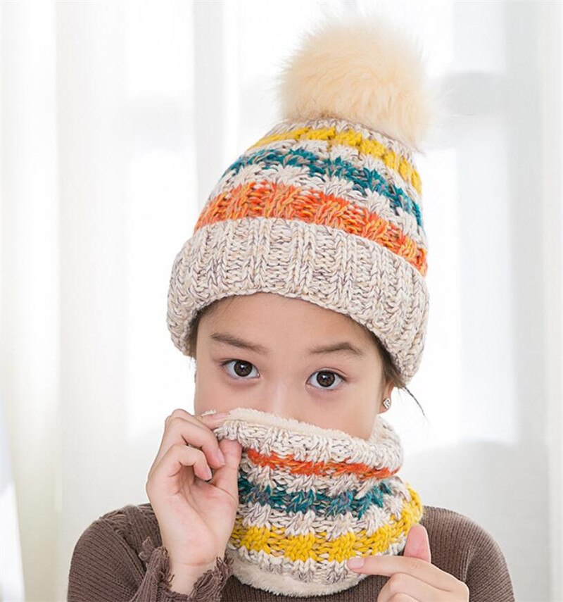 Conjunto de gorro y bufanda de punto para niño y niña, gorro cálido de felpa y anillo, bufanda de colores mezclados, gorro con pompón grande para niño, bufandas de invierno