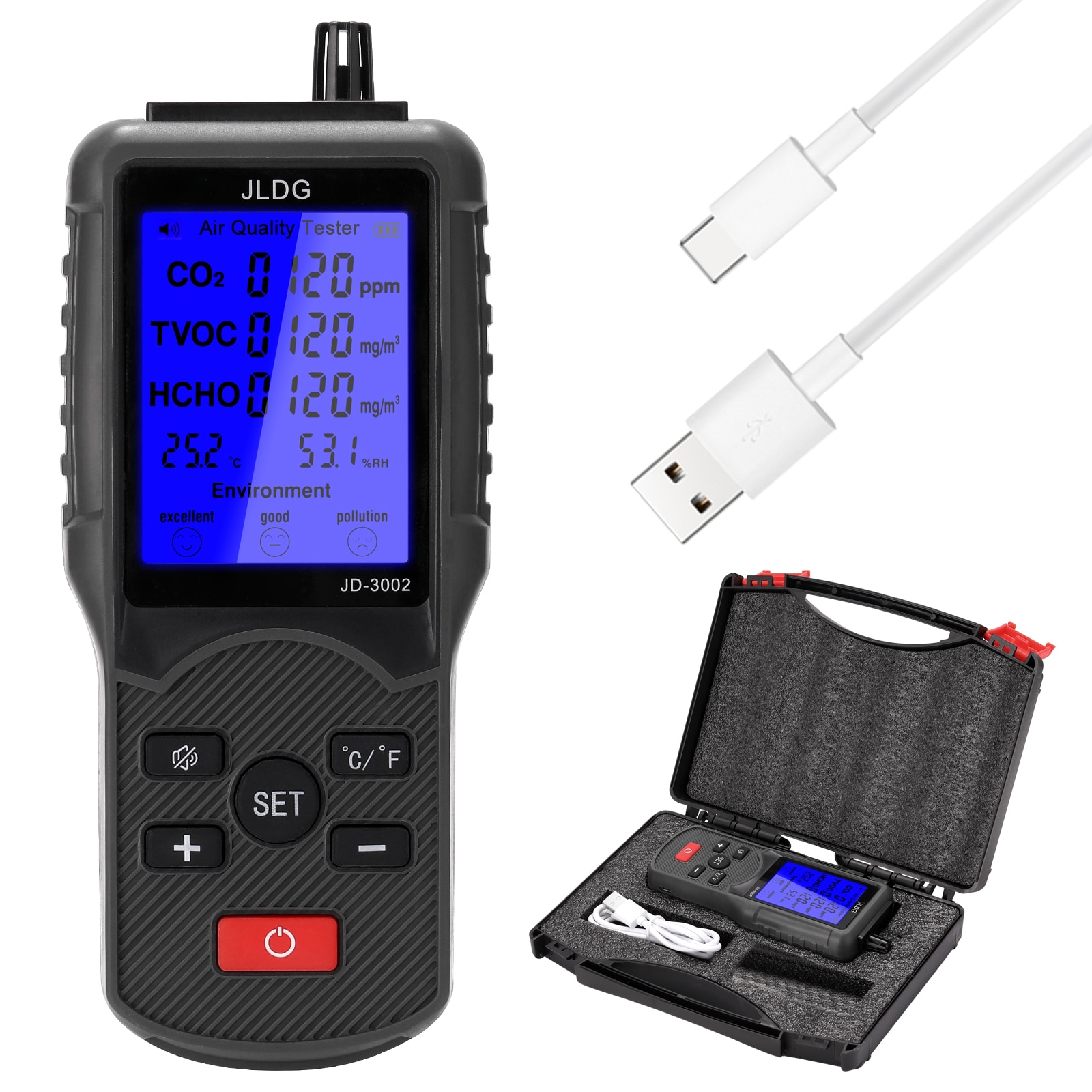 Co2 Meter Co2 Sensor Detector Air Monitor Air Analyzer with Temperature Humidity Display 400-5000PPM Measuring Range