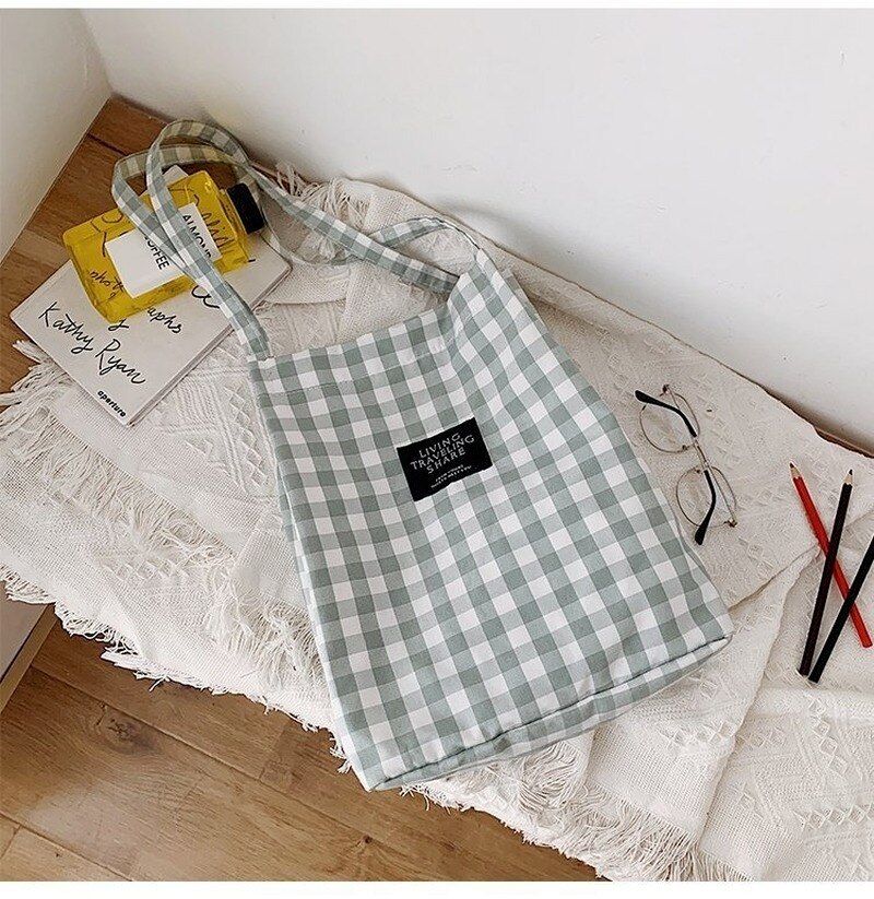 Mode Duurzaam Vrouwen Student Katoen Linnen Enkele Schoudertas Shopping Tote Check Plaid Vrouwelijke Vlas Canvas Boodschappentassen
