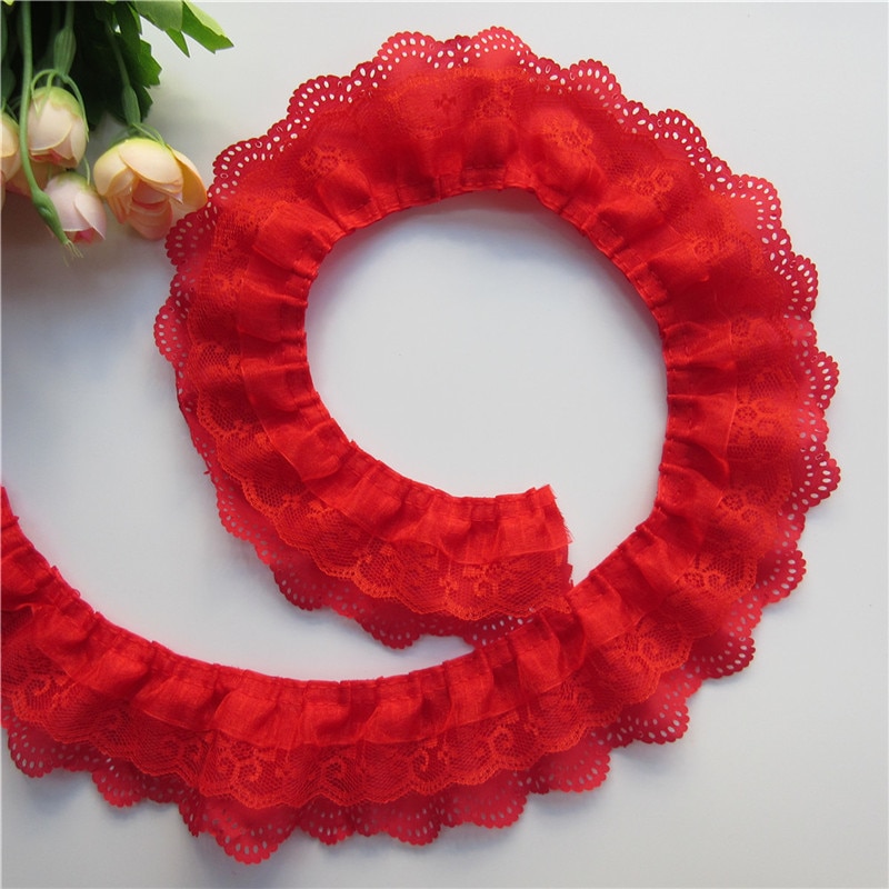 5 yards rött 3- lager veckat organza spetsband rynkade nättyg handgjorda bröllopsklänningar med spetskant sömnad 6.5cm