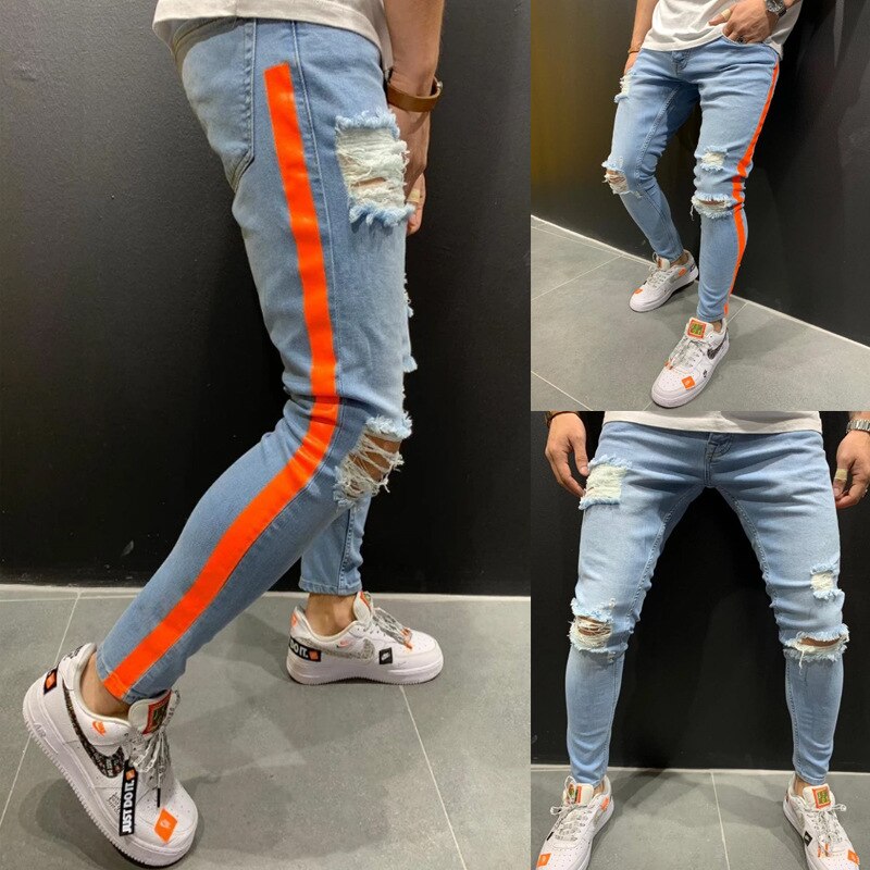 Wepbel herreside rød stribet slim jeans bukser street style hip hop afslappet denim joggers herre bukser plus str.: Xl