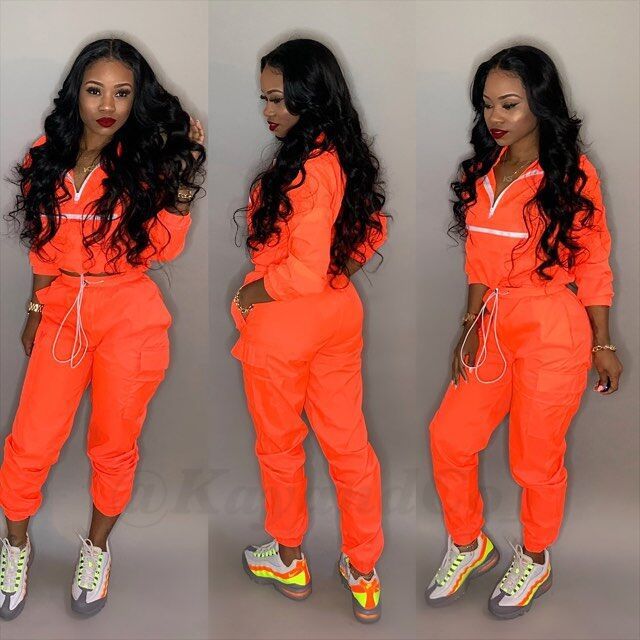 women zip up neck long sleeve short trench safari long pants suits two pieces set sporting tracksuit outfit GLD8238: Orange / XL