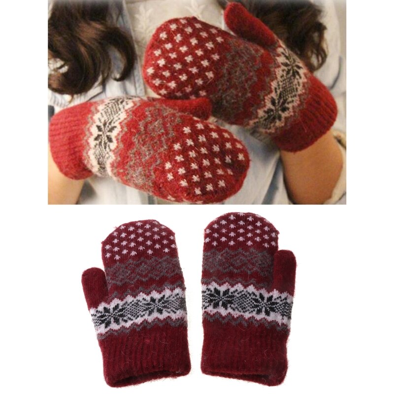 Winter Warm Knitted Gloves Christmas Jacquard Mittens Women Snowflake Gloves
