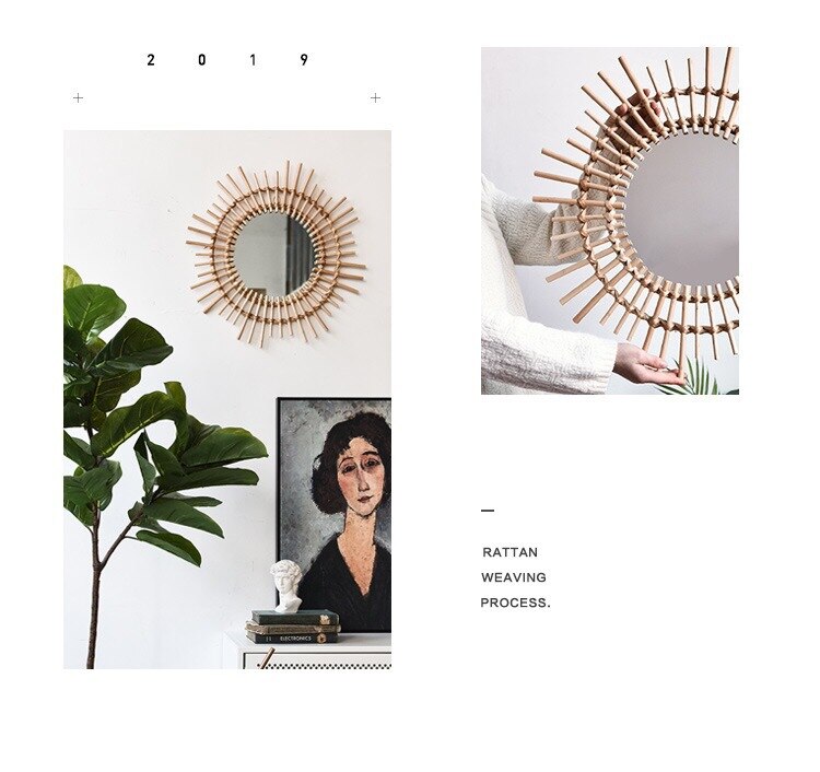 Espejo de ratán para el hogar, espejo artístico con forma de sol, espejo decorativo colgante para pared de salón, Espejos de maquillaje para habitación, decoración de pared de ratán
