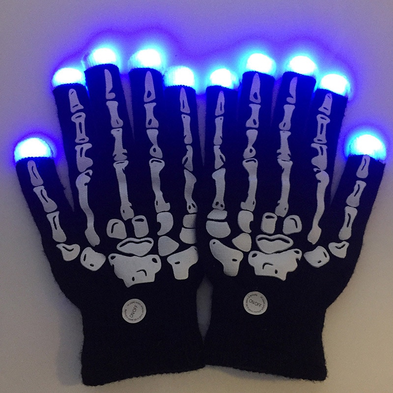 Led Lichtgevende Handschoenen Skull Bone Halloween Party Cool Fluorescerende Licht Rekwisieten Winter Zwart Acryl Breien Warme Handschoenen