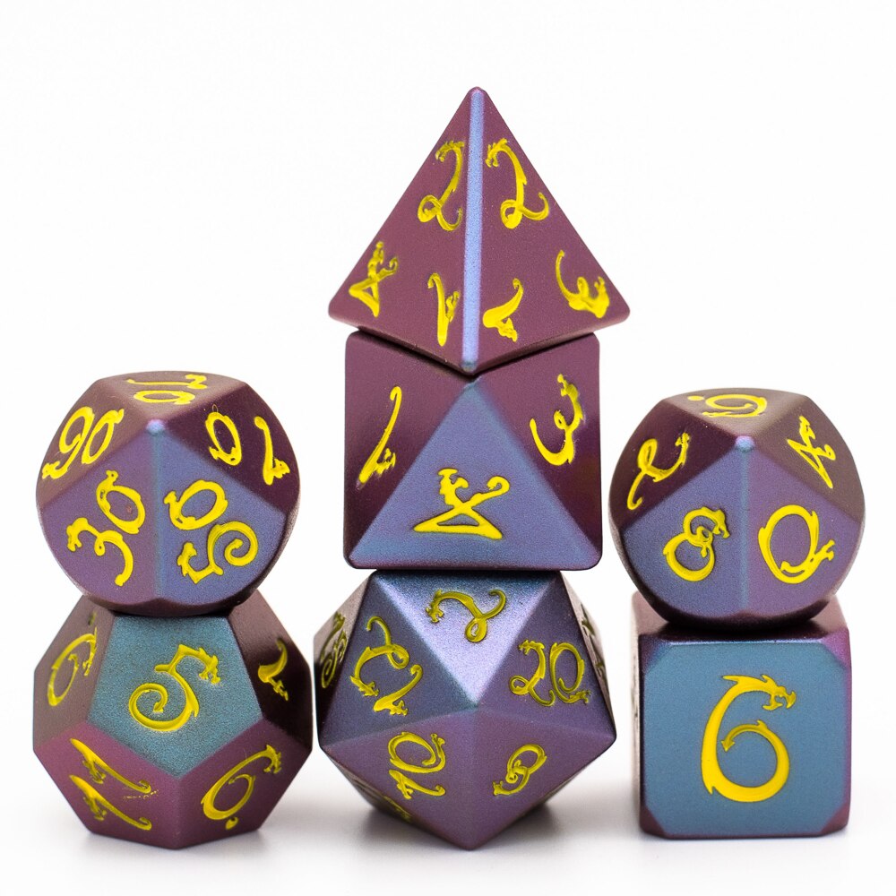 Cusdie Verfärbt Metall D & D Würfel mit Drachen Schrift, 7 Stck DND Würfel, polyedrisch Würfel einstellen, für Rolle Spielen Spiel MTG Pfadfinder: 05 Gelb Zahlen