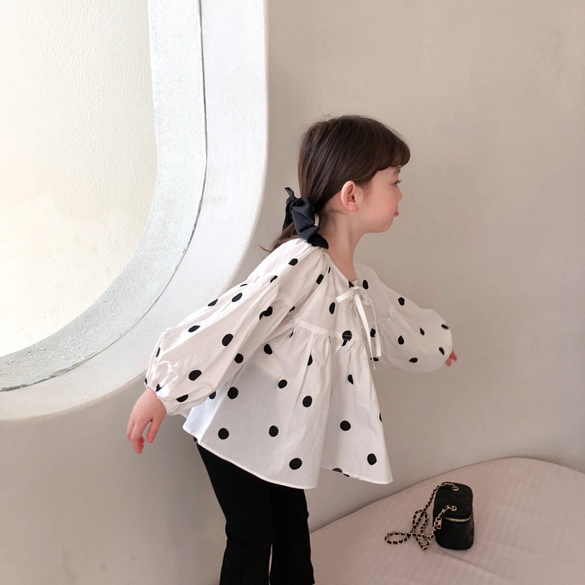 Camicie a pois primaverili per ragazze camicetta di cotone carino abbigliamento per bambini camicia da bambola estiva a maniche lunghe lanterna 2T-6T camicetta Lolita autunnale