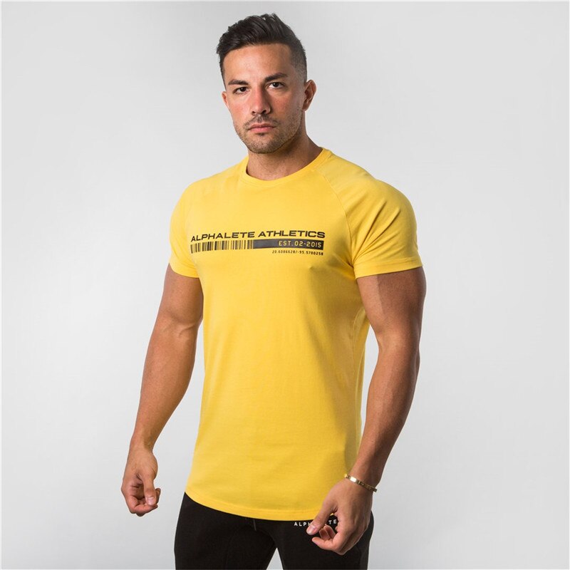 Gym sport t-shirt herr kortärmad löpar t-shirt bomull herr t-shirts toppar fitness bodybuilding herr t-shirts: Gul / Asiatisk storlek xxl