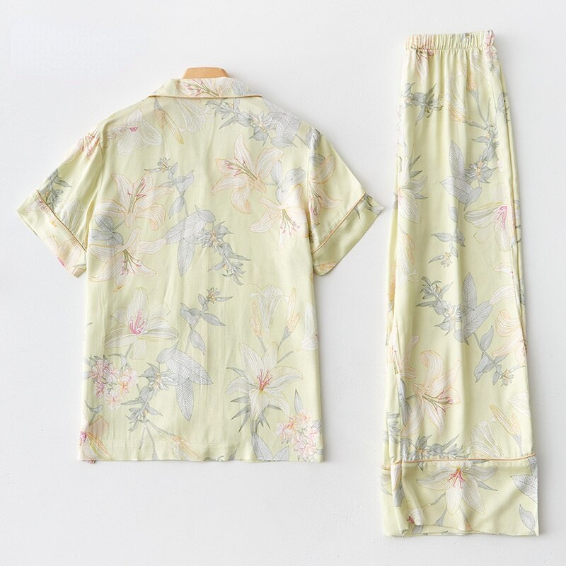 Vrouwen Homewear Viscose Katoen Groene Lelie Gedrukt Korte Mouwen Broek Vest Pyjama Pakken Voor De Lente En Zomer