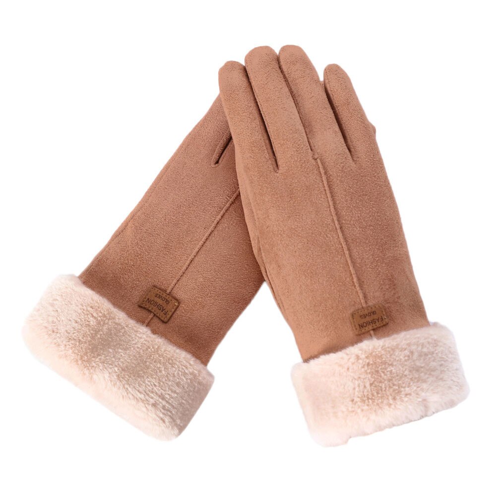 Vrouwen Winter Handschoenen Dames Meisjes Outdoor Warmte Volledige Vinger Gevoerd Rijden Handschoen Bont Wanten Gants: Khaki 