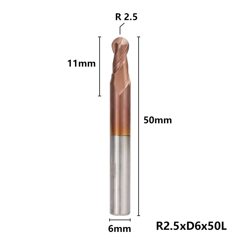2 Flute End Mill CNC Ball Nose End Mill HRC 50 Router Bits TiCN Coating R0.5-6.0 Tungsten Carbide Engraving Milling Cutter: R2.5xD6x50L
