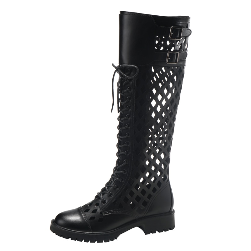 Svarte støvler punk motorsykkel støvler til kvinner hule knehødu støvler sommer snøre lange støvler damesko femmes bottes
