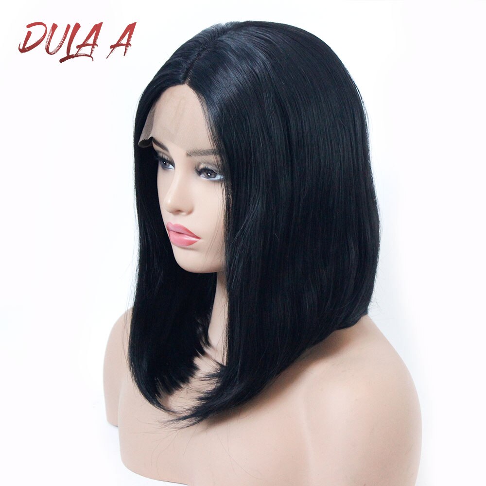 Dula  a 14 tommer ægte hår sort kort bob straight syntetisk limfri front blonde paryk midterste del til sorte kvinder øre til øre blonder