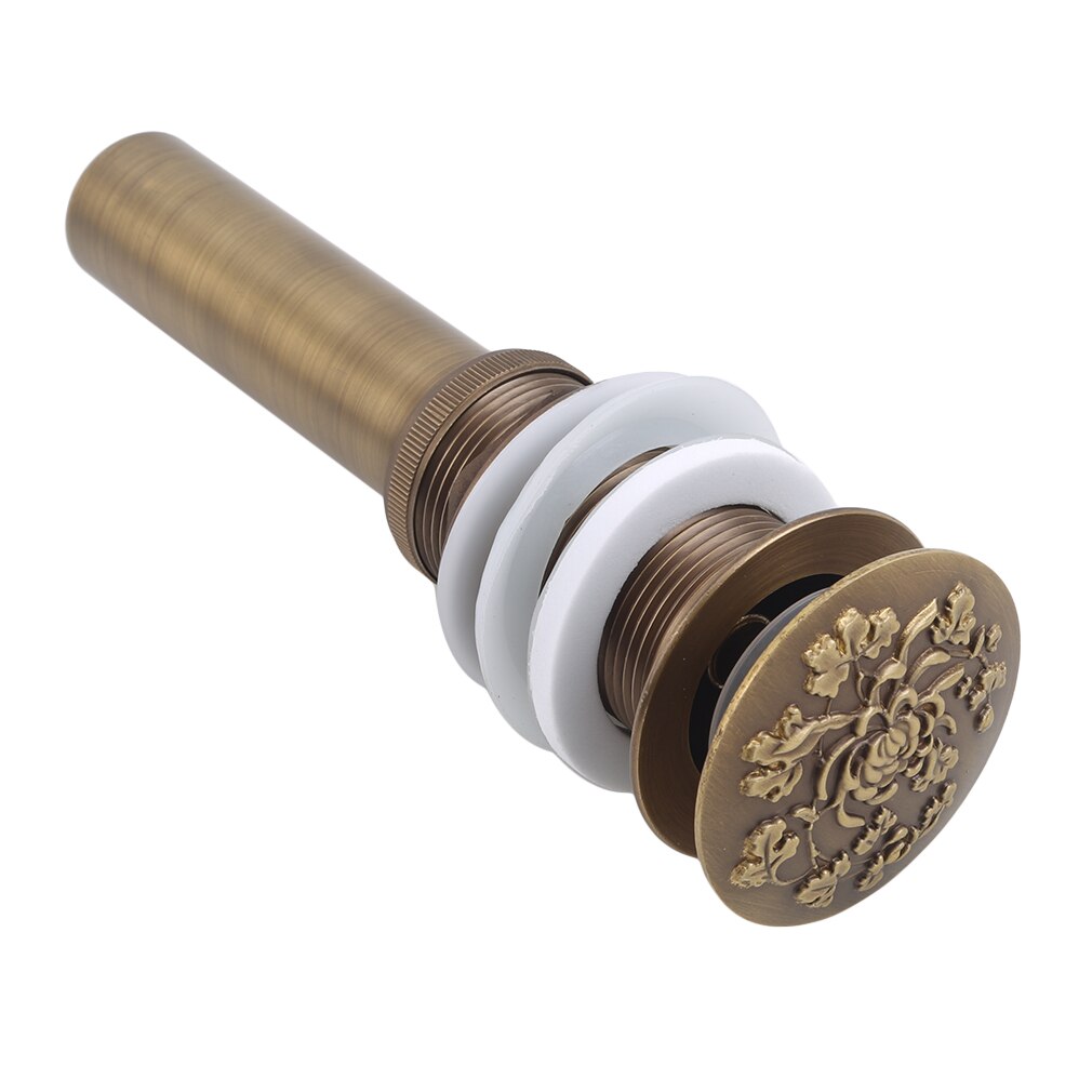 Retro Lavatory Basin Sink Up Drain With Round Carved Cover Brass Without Overflow Vanity Sink Waste Drainer For Bathroom: chrysanthemum