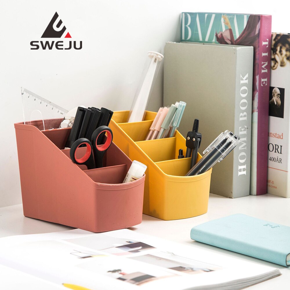 Trapezoid 4 Grid Desktop Pen Holder Office School Storage Case Plastic Box Desk Pen Pencil Organizer Blue Orange Coffee