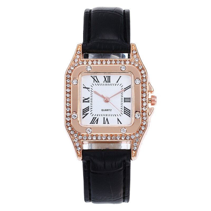 Vierkante Luxe Diamant Vrouwen Horloges Set Lederen Dames Horloge Waterdicht Vrouwelijke Quartz Horloge Relogio Feminino Reloj Mujer: black