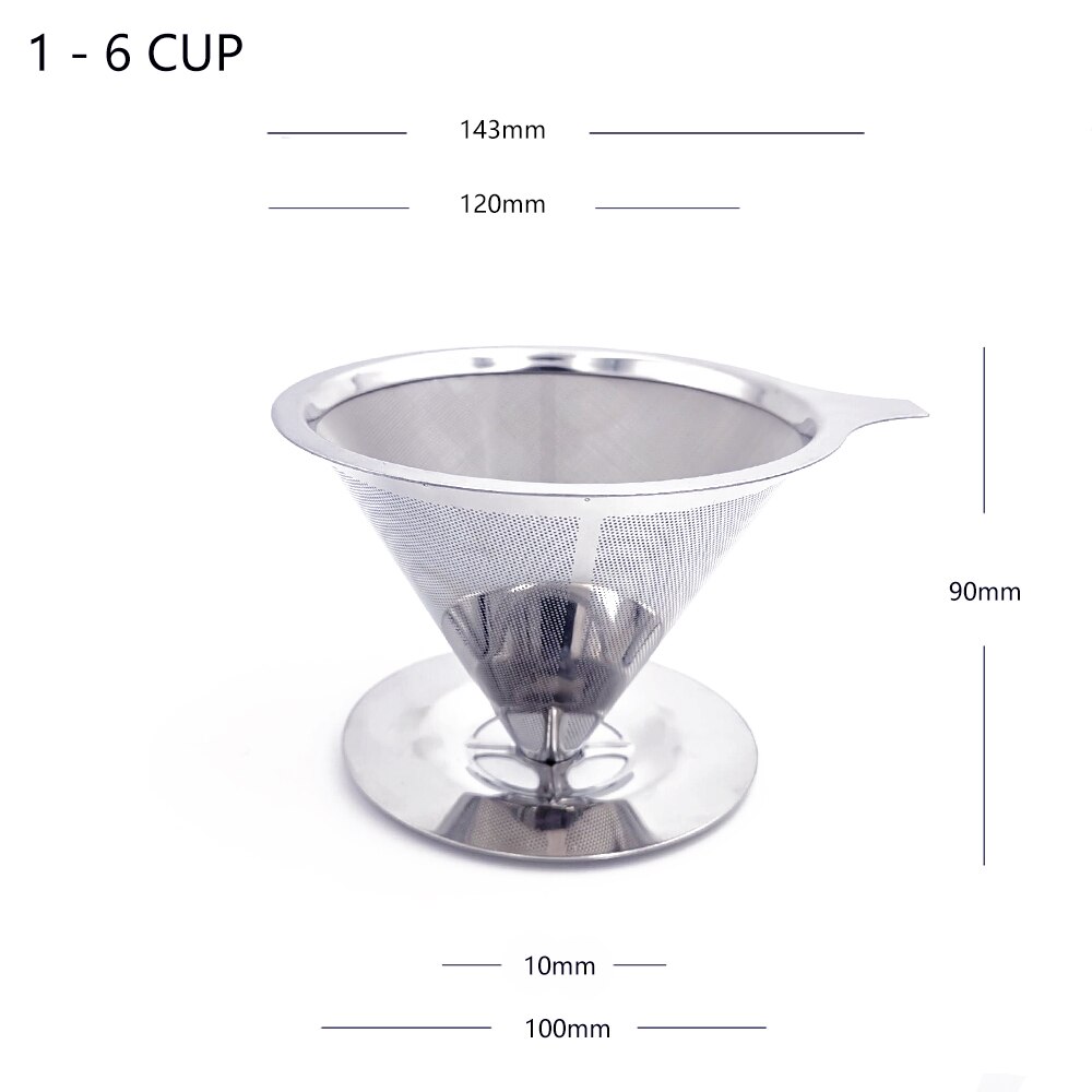 Reusable Coffee Filter Stainless Steel Holder Double Layer Metal Mesh Funnel Baskets Coffee Dripper Tea Filter Basket Tools: 1-6CUP
