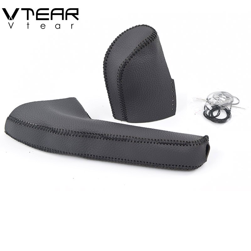 Vtear til suzuki ignis gearskifte kraver cover læder hoved knop greb covers håndbremse kuffert tilbehør bil-styling dekoration: Ved sort tråd