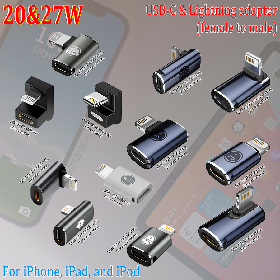 USB Type-C PD 20/27W charging data connector for iPhone, iPad, iPod, USB-C to Lightning adapter, female to male, multiple styles