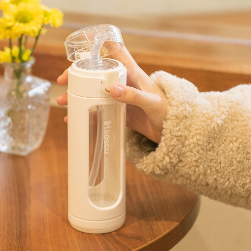 Dubbel bärbar glas söt vattenflaska kawaii kopp tumlare med sugrör för flickor mjölk kaffe juice vaso con tapa y pajita