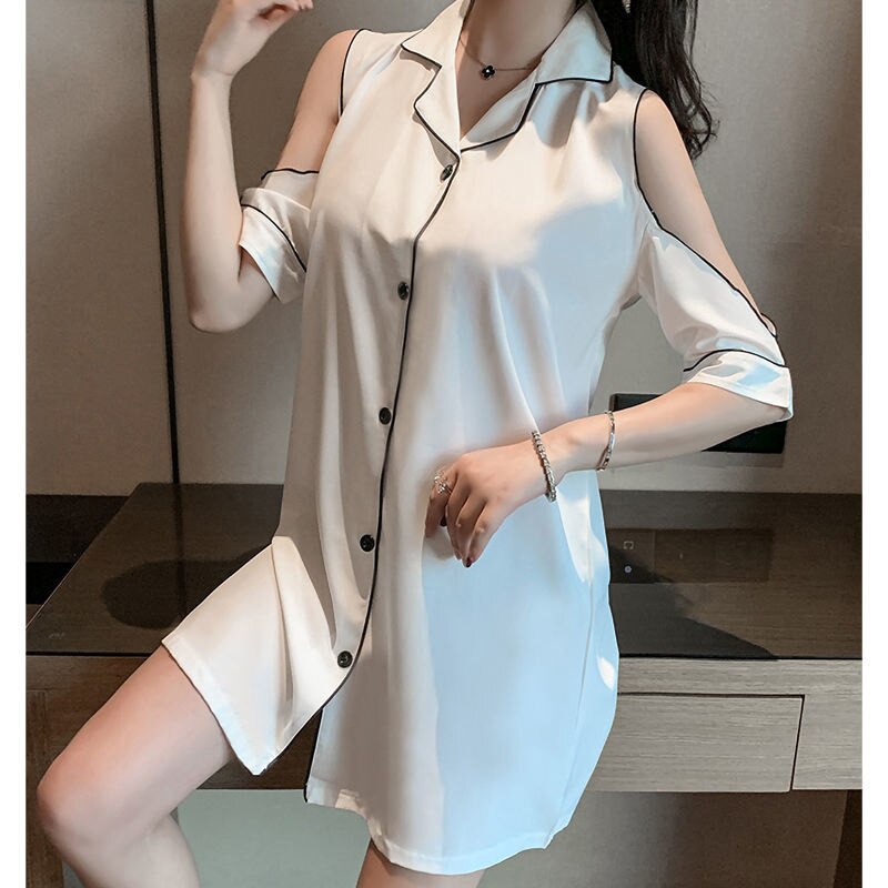 Net red pajamas women's summer Chiffon sexy off shoulder shirt nightdress women's loose large medium length home clothes