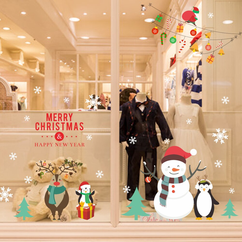 Merry Christmas Window Wall Stickers For Home Christmas Decoration Year Windows Snowman Glass Mural PVC Art Wallpaper