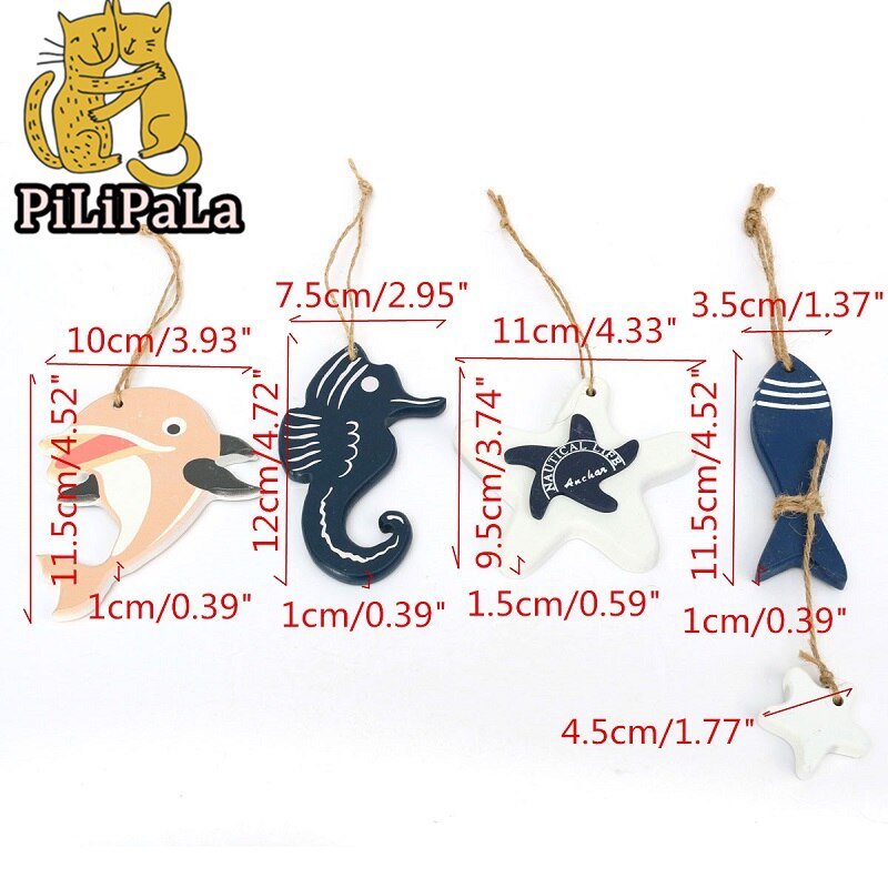 Färg slumpmässig medelhavsstil trä fisk stjärna delfin hängande nautisk dekor båt fartyg strand vägg prydnad trä hantverk 3 st/l