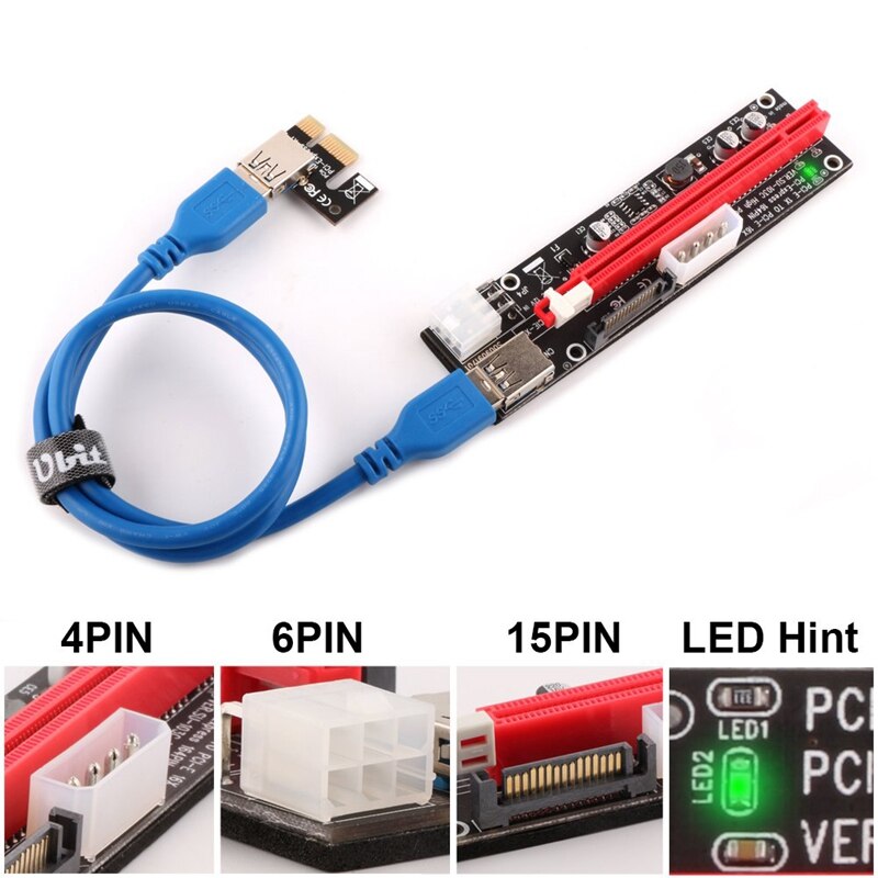 6 PCS PCI-E GPU Riser Express Cable 16X To 1X With LED Graphics Extension Ethereum ETH Mining Powered Riser Adapter Card