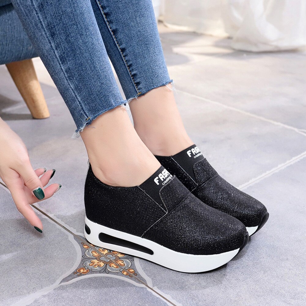 KLV Femmes Plat Fond Épais Chaussures Sans Lacet Bottines Décontracté Plate-Forme Chaussures de Sport scarpe donna l'estive nere zapatillas mujer #5