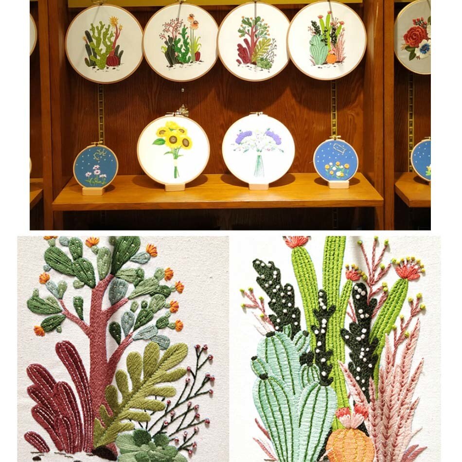 Cotton Cross Stitch Embroidery Kit DIY Cactus Heart Love Flowers Embroidery Kit Handcraft Painting Embroidery Hoop Home Decor