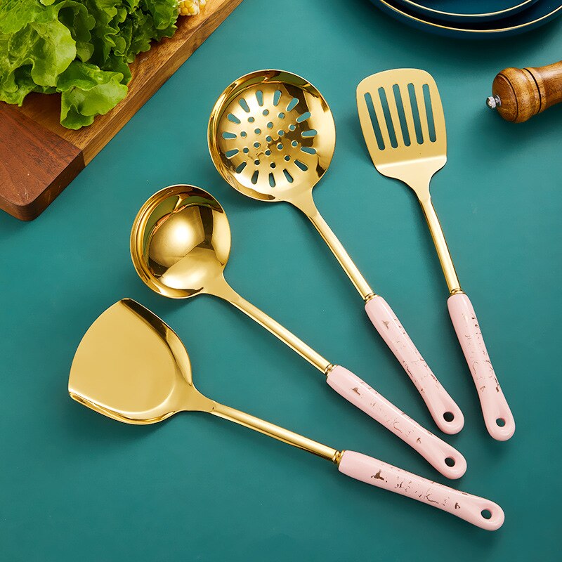 Stainless Steel Cookware Set Gold Cooking Pot Accessories Set Non Stick Spatula Shovel Spoon Kitchen Utensils Luxury Kitchenware: 4 pcs Pink