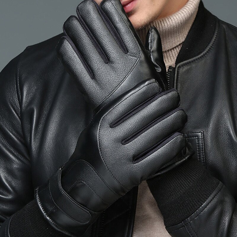Men Winter Warm Gloves PU Leather Gloves Riding Cold-Proof Plus Velvet Thick Windproof Touch screen Motorcycle Glove Winter