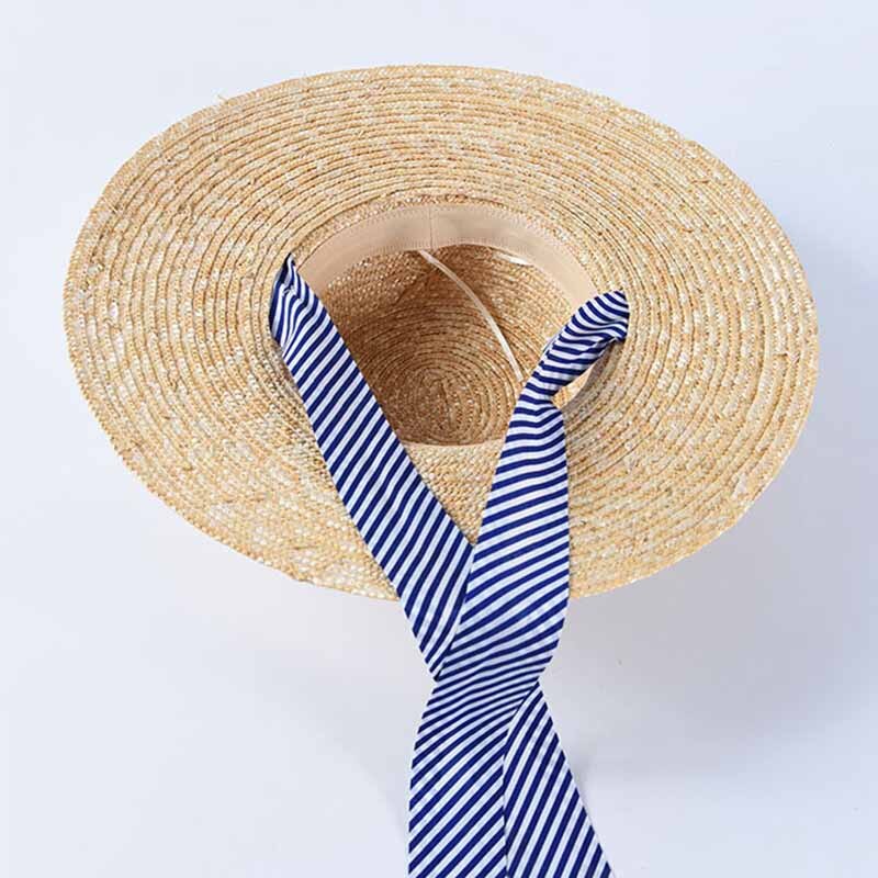 ¡Novedad de ! Sombreros de paja de trigo de ala ancha para mujer, sombrero de sol de playa de verano con cinta a rayas azul marino, sombrero de Boater con lazo, gorro Derby de vacación