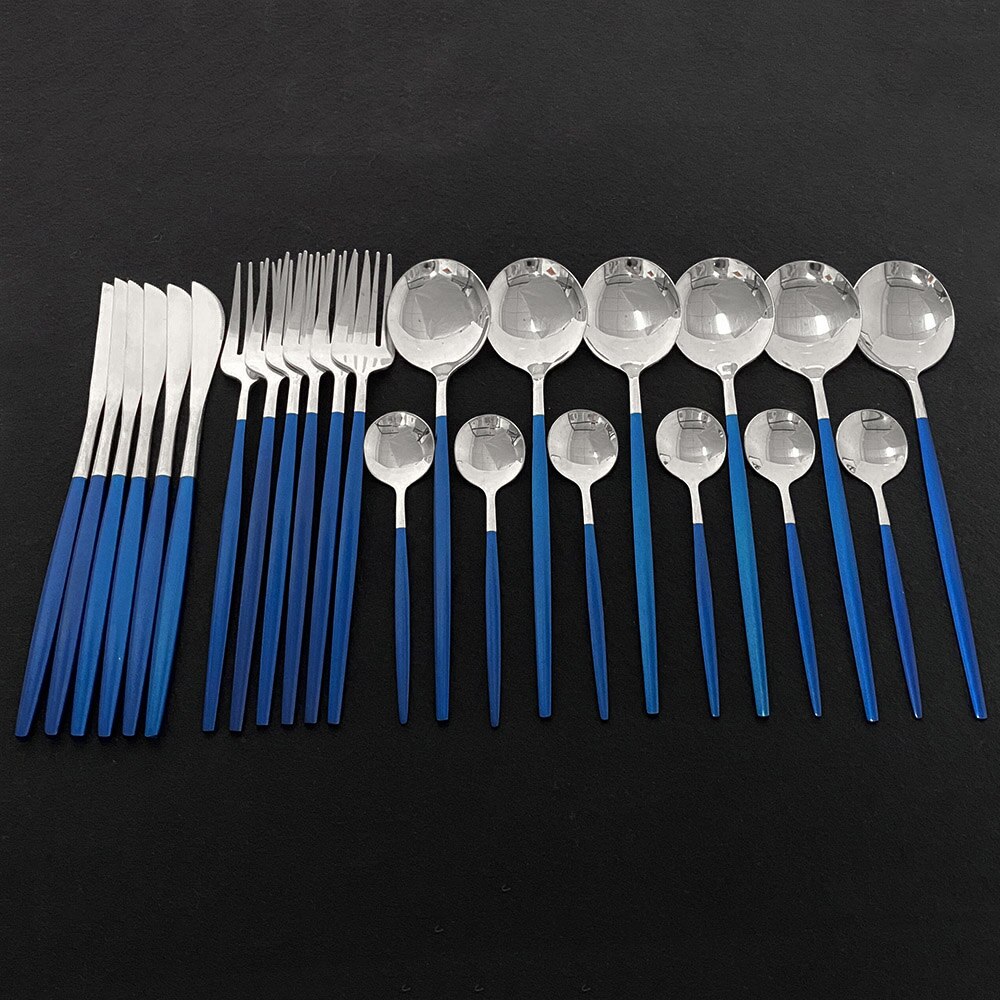 Explosion24Pcs Bunte Geschirr Set Edelstahl Besteck Set Küche Spiegel Gold Geschirr Set Messer Gabel Löffel Geschirr: Blue Silver
