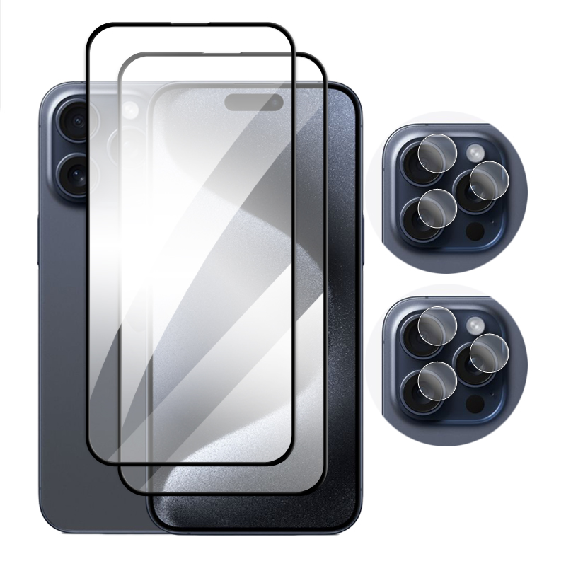 Protector de pantalla de vidrio templado para iPhone 15 Pro Max, película de lente, pegamento de cubierta completa, 2.5D: azul real / paquete 3