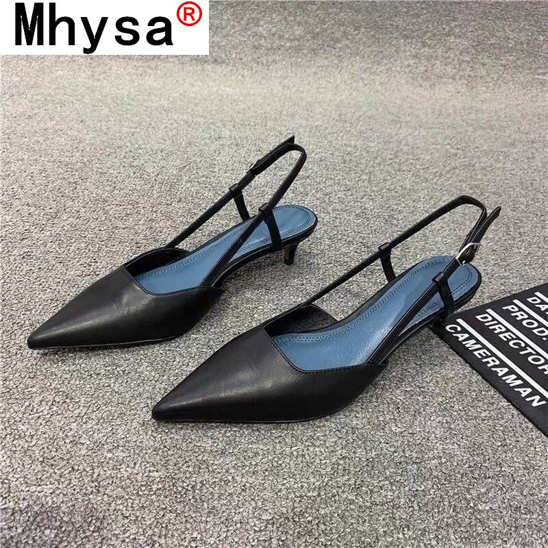 Sandalias altas de piel sintética para mujer, zapatos puntiagudos de tacón medio negro, cómodos, con hebilla, para verano,